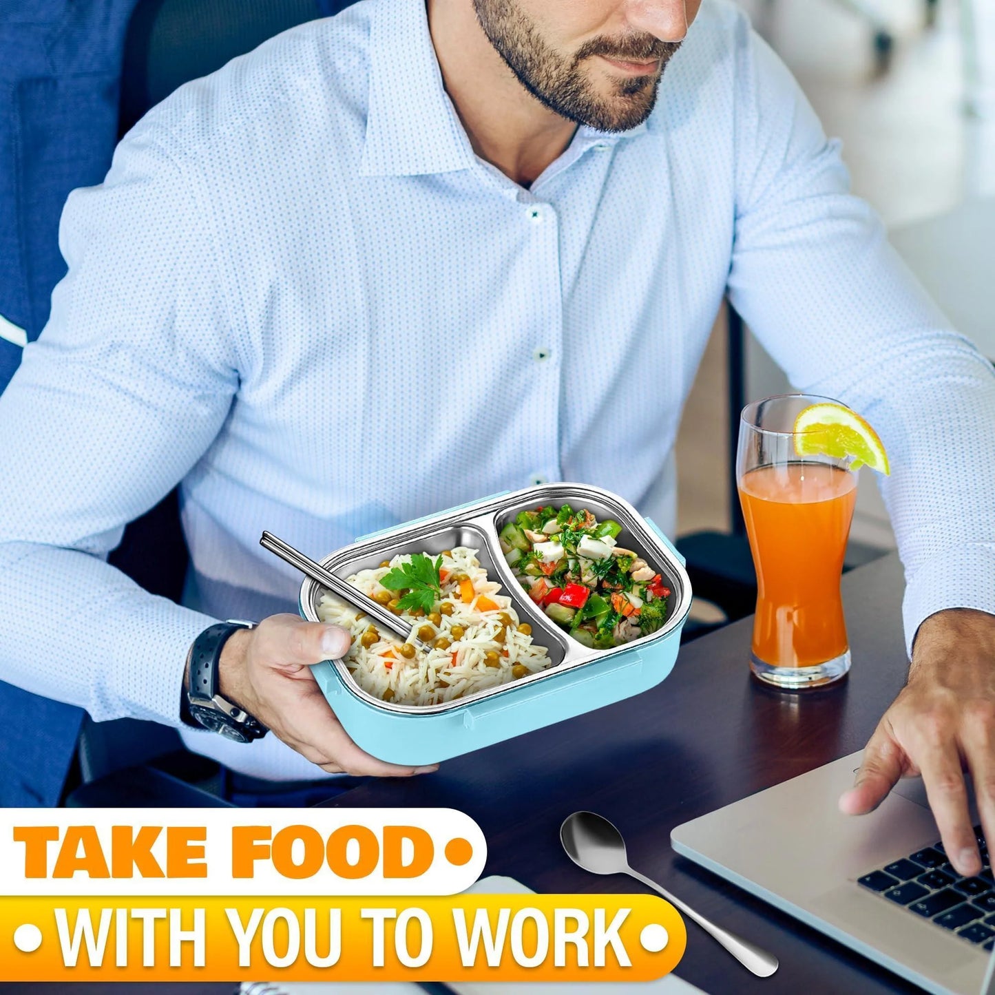 48.5 Oz Stainless Steel Bento Box Adult with Phone Stand – Reusable Stainless Steel Lunch Box for Hot Food with Durable Plastic & Soft Rubber Cover – Insulated Lunch Containers with Spoon & Chopsticks