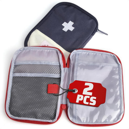 BURIUS 2 Pcs Travel First Aid Bag Empty Portable Storage Small Medical Bag Empty with Multiple Compartments 7.1 X 5.1 Small First Aid Pouch with Zipper Closure for Camping and Hiking Blue and Red