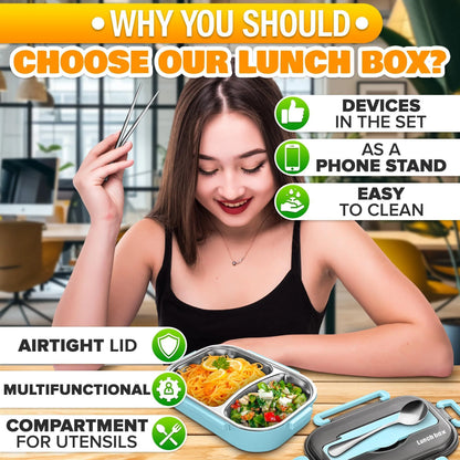 48.5 Oz Stainless Steel Bento Box Adult with Phone Stand – Reusable Stainless Steel Lunch Box for Hot Food with Durable Plastic & Soft Rubber Cover – Insulated Lunch Containers with Spoon & Chopsticks