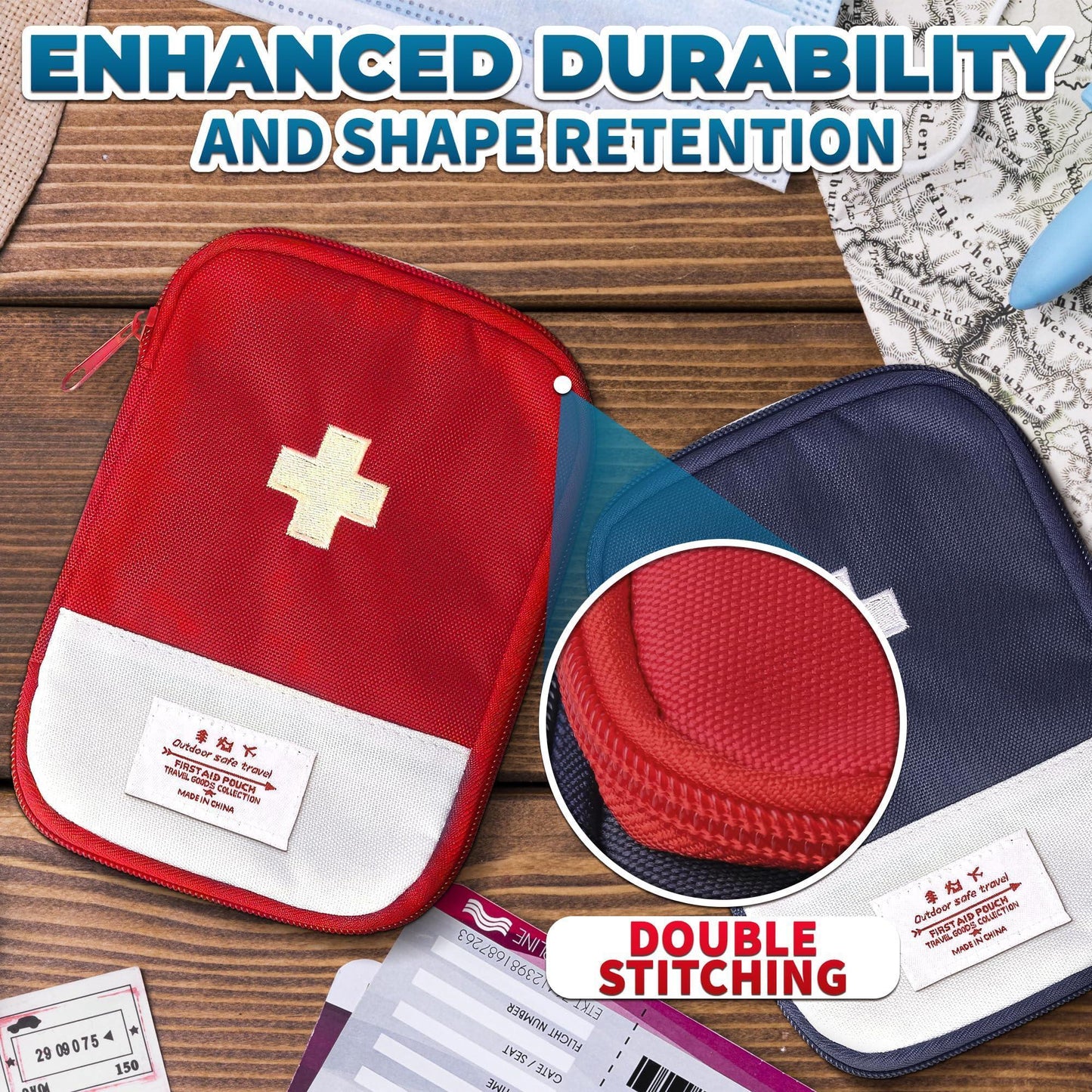 BURIUS 2 Pcs Travel First Aid Bag Empty Portable Storage Small Medical Bag Empty with Multiple Compartments 7.1 X 5.1 Small First Aid Pouch with Zipper Closure for Camping and Hiking Blue and Red