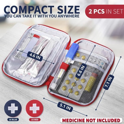 BURIUS 2 Pcs Travel First Aid Bag Empty Portable Storage Small Medical Bag Empty with Multiple Compartments 7.1 X 5.1 Small First Aid Pouch with Zipper Closure for Camping and Hiking Blue and Red