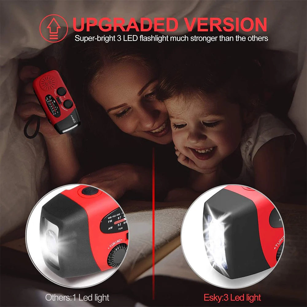 Emergency Radio Crank Solar Hand Weather 1000Mah Power Bank Charger Flash Light