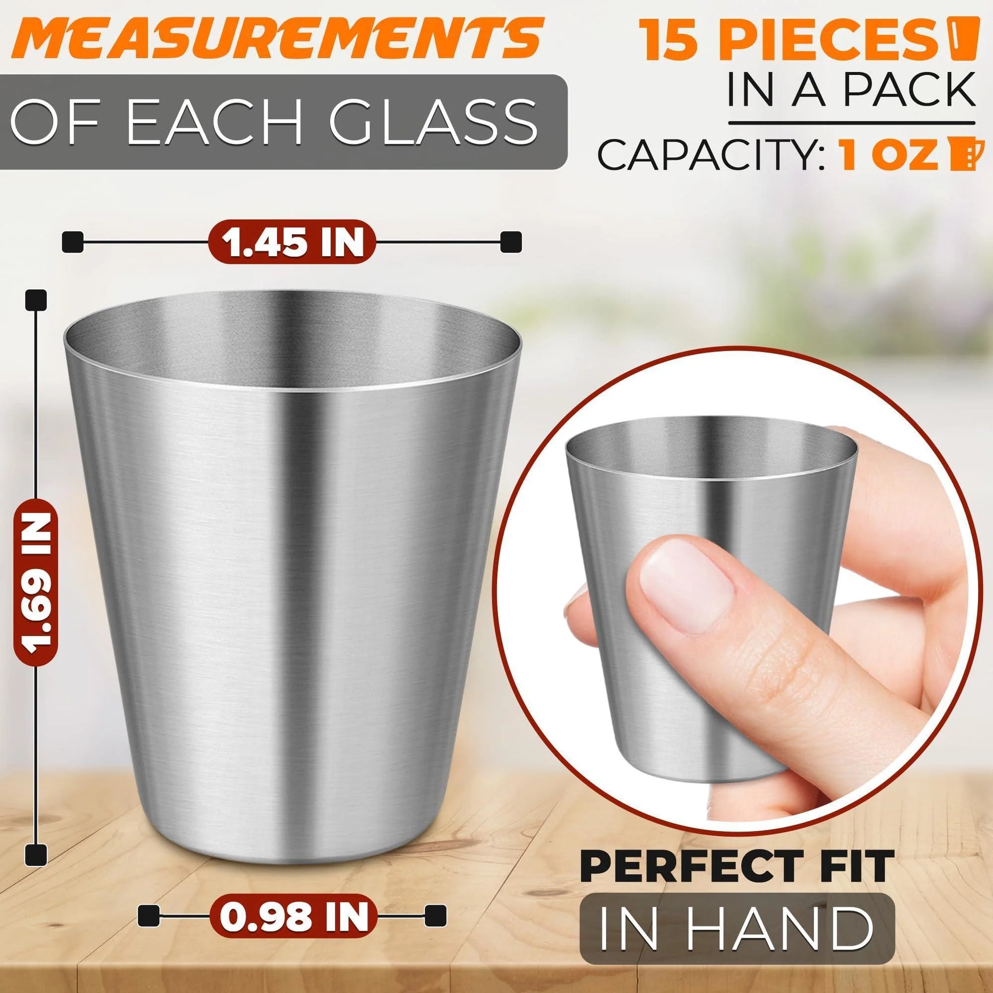 15Pcs Stainless Steel Shot Glasses Drinking Vessel 30 Ml (1Oz) Outdoor Camping Travel Coffee Tea Cup Silver Cup Unbreakable Metal Shooters for Whiskey Tequila Liquor Great Barware Gift