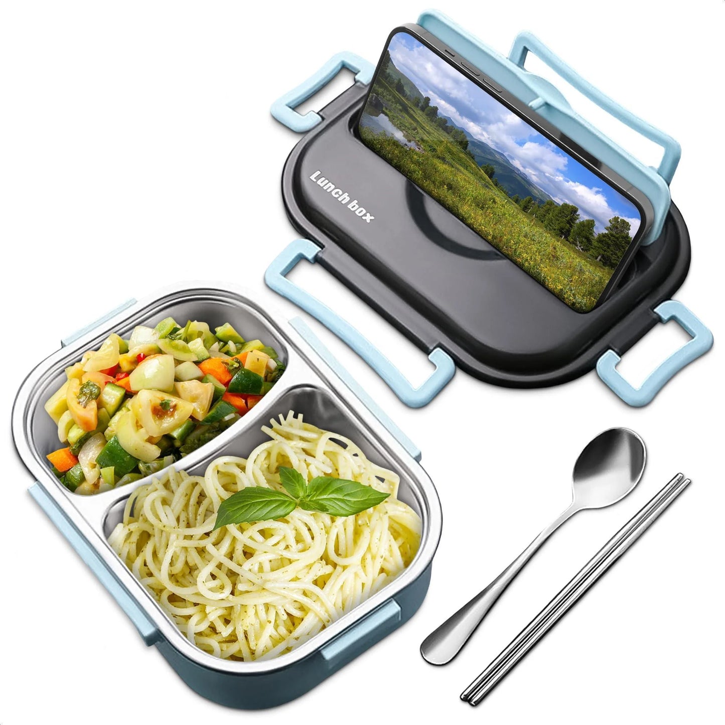 48.5 Oz Stainless Steel Bento Box Adult with Phone Stand – Reusable Stainless Steel Lunch Box for Hot Food with Durable Plastic & Soft Rubber Cover – Insulated Lunch Containers with Spoon & Chopsticks
